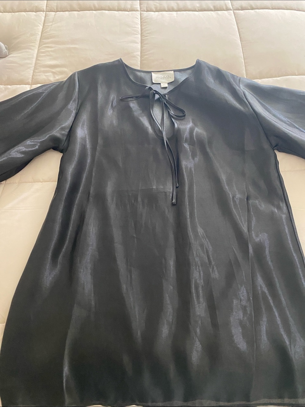 Anthropologie Mare Mare black  bell sleeved gorgeous satin like dress.